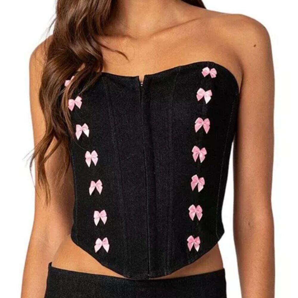 Edikted Bow Babe Denim Corset Top